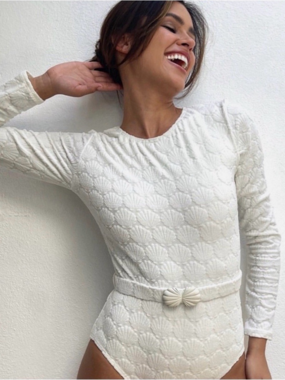 kate spade Cream Long-Sleeve Textured Swim Bodysuit